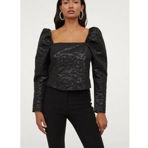 H&M Black Leopard Print Jacquard Puff Sleeve Printed Metallic Corset Top